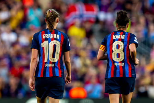 Caroline Graham Hansen of Barcelona with teammate Marta