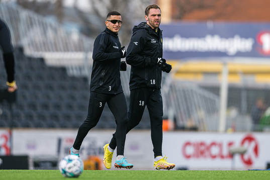 Omar Elabdellaoui and Brede Moe of Bodø/Glimt warms up ahead of the Eliteserien match between Bodø/Glimt and Brann on April 29, 2023 in Bodø.