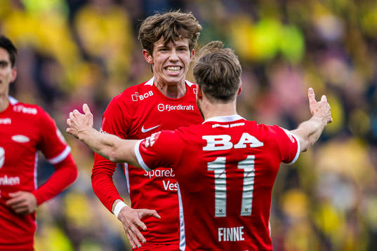 Niklas Jensen Wassberg of Brann celebrates after scoring the 0-1 goal