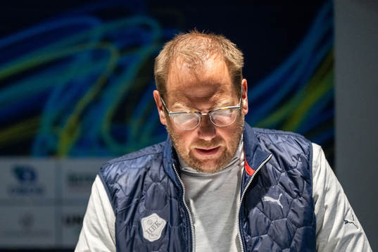 Halmstads tränare Magnus Haglund på presskonferensen