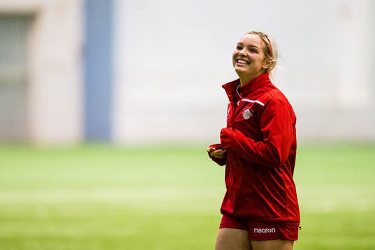 Robyn Virginia McCarthy of Grand Bodø warms up ahead of the 1. division football match between Grand Bodø and KIL/Hemne on April 30, 2023 in Bodø.