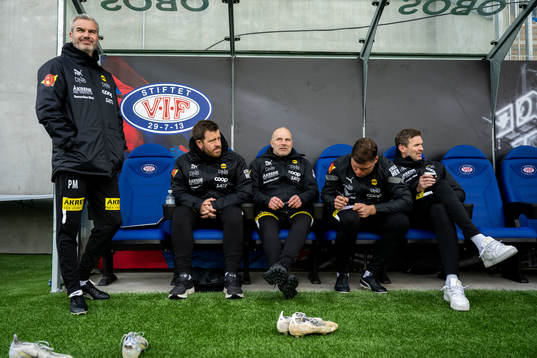 Petter Myhre, assistant coach, Geir Bakke, head coach, and Frode Kippe of Lillestrøm ahead of the Eliteserien football match between Vålerenga and Lillestrøm on May 1, 2023 in Oslo. 
