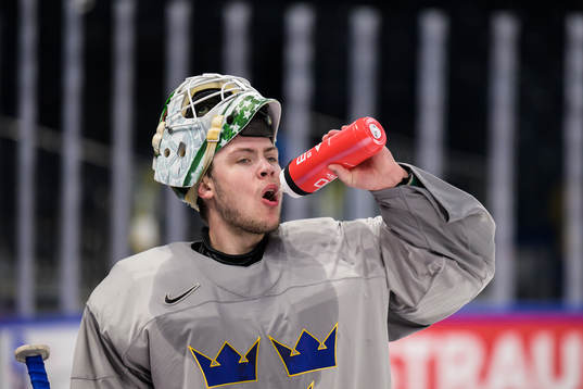 Goaltender Jesper Wallstedt of Sweden at a practice session