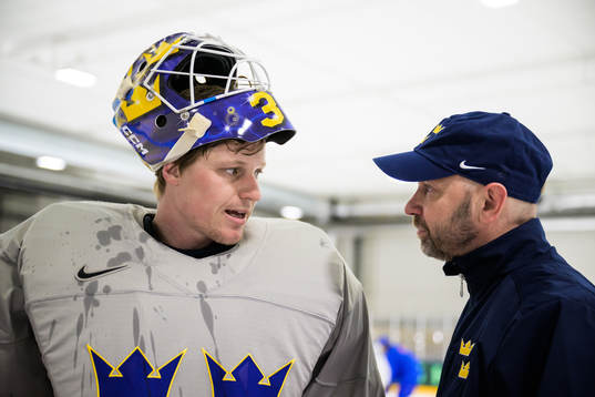 Goaltender Lars Johansson and goaltender coach Stefan Ladhe