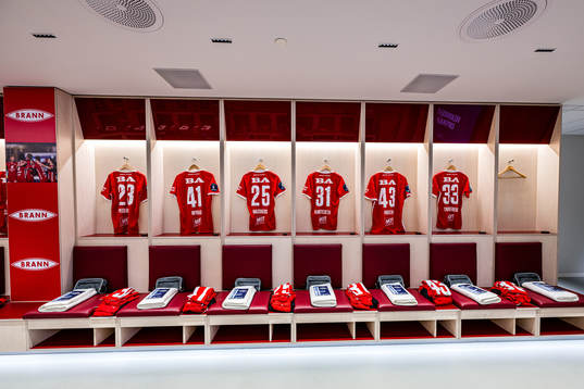 The shirt of Thore Baardsen Pedersen, Elias Heggland Myrlid, Niklas Jensen Wassberg, Isak Tomar Hjorteseth, Rasmus Holten and Marius Bendiksen Trengereid of Brann in the dressing room ahead of the cup final between Brann and Lillestrøm on May 20, 2023 in Oslo.