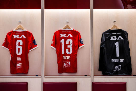 The shirt of Japhet Sery Larsen, Svenn Crone and Mathias Dyngeland of Brann in the dressing room ahead of the cup final between Brann and Lillestrøm on May 20, 2023 in Oslo.