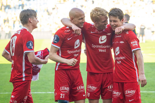 David Møller Wolfe, Ruben Kristiansen, Sivert Heltne Nilsen and Mathias Rasmussen of Brann celebrate