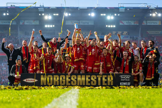 Players of Brann celebrate after the cup final between Brann and Lillestrøm on May 20, 2023 in Oslo. 
