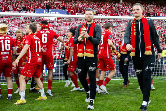 Head coach Eirik Horneland and assistant coach Erik Huseklepp of Brann after the cup final between Brann and Lillestrøm on May 20, 2023 in Oslo. 
