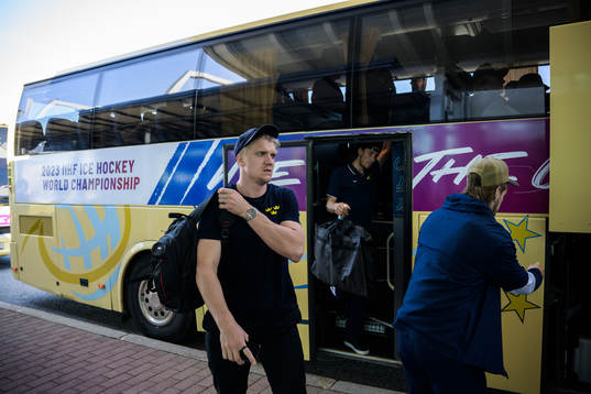 Jakob Silfverberg of Sweden leaves a bus when traveling