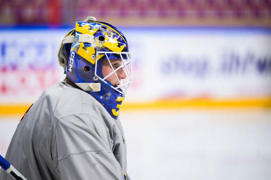 Goaltender Lars Johansson of Sweden at a practice session