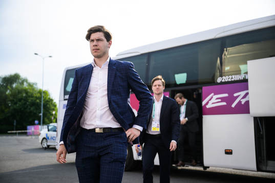 Goaltender Jesper Wallstedt of Sweden arrives to the arena