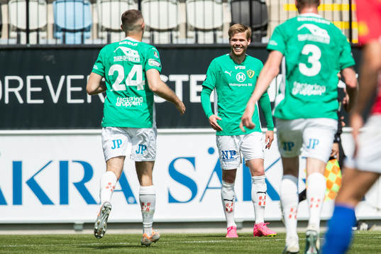 Jönköpings Södras Marko Nikolic och Anton Thorsson jublar efter 3-0