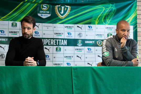 Jönköpings Södras tränare Andres Garcia och Brages tränare Kleber Saarenpää