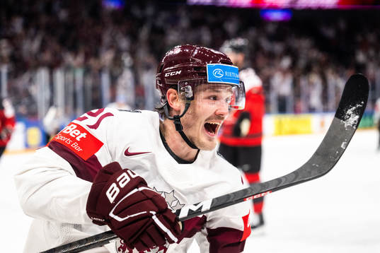 Rudolfs Balcers of Latvia celebrates