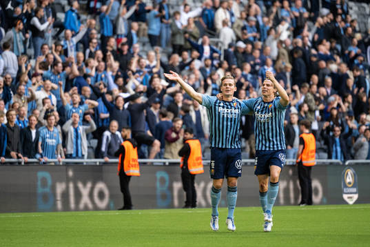 Djurgårdens Hampus Finndell and Elias Andersson jublar
