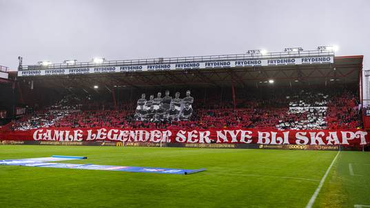 Spectators and TIFO in the stands at Brann Stadion ahead of the Eliteserien match between Brann and Rosenborg on May 29, 2023 in Bergen.