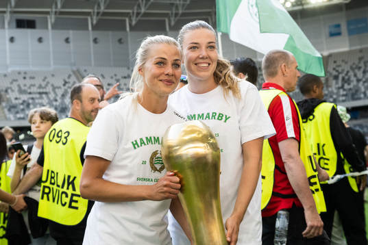 Hammarbys Lotta Ökvist och Emma Westin jublar med pokalen