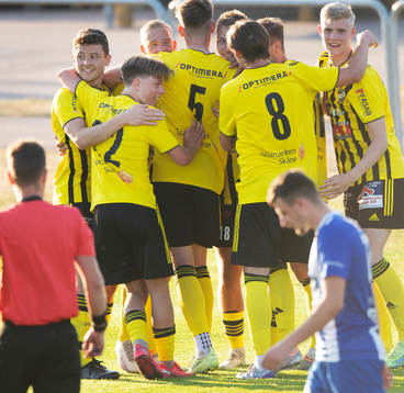  IFK Hässleholm jublar i matchen i division 2 mellan IFK Hässleholm och IFK Trelleborg i Hässleholm 8 juni 2023.
