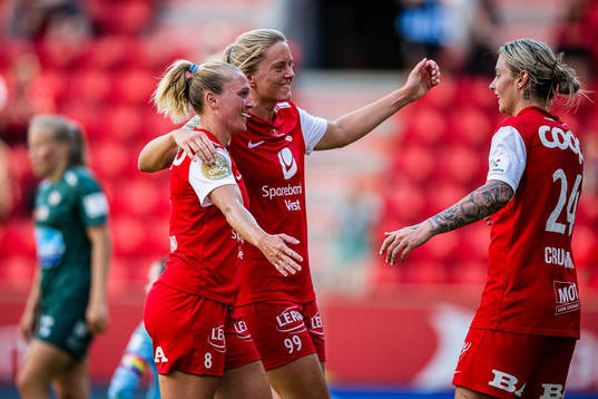 Larissa Rose Crummer of Brann celebrates after scoring the 2-0 goal