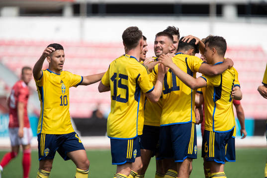 Roony Bardghji, Noah Persson, Tim Prica, Ahmed Qasem and Yasin Ayari of Sweden celebrate during the UEFA European Under-21 qualifying football match between Sweden and Gibraltar on June 19, 2023 in Gibraltar.
