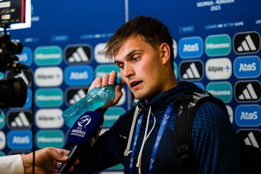 Mads Hedenstad Christiansen of Norway in the mixed zone