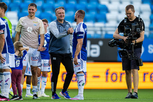 Erling Moe, head coach of Molde, and Veton Berisha of Molde celebrates