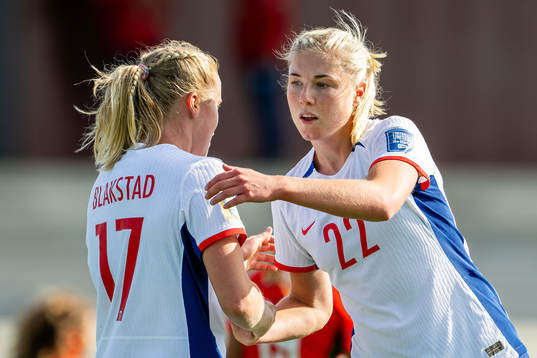 Sophie Román Haug of Norway celebrates with teammate Julie