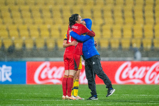 goalkeeper Zecira Musovic and assistant coach Victoria Sandell of Sweden celebrate