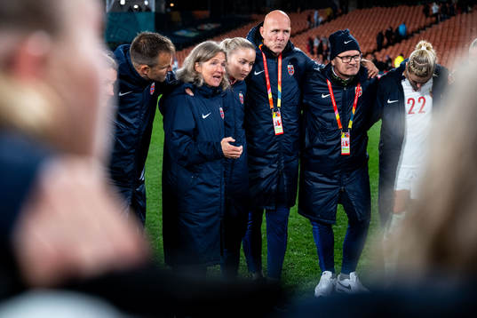 Goalkeeper coach Jon Knudsen, head coach Hege Riise, Anna Langås Jøsendal, performance psychology consultant Morten Åsli and press officer Halvor Lea of Norway after the FIFA Women's World Cup football match between Switzerland and Norway on July 25, 2023 in Hamilton. 
