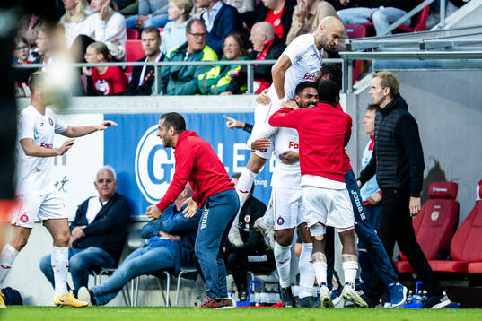 Luka Juricic and Juan Bravo of Pyunik celebrates with team after 1-2 during the UEFA Conference League between Kalmar and FC Pyunik on July 27, 2023 in Kalmar. 

