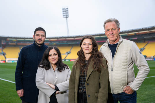 Bojan Djordjic, Jennifer Kücükaslan, Saga Fredriksson and Henrik Strömblad of Swedish broadcaster Viaplay pose for a photo
