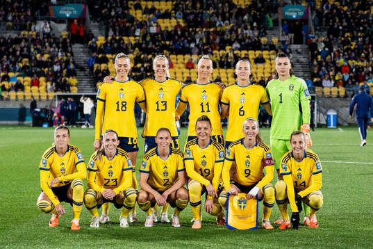 The starting eleven of Sweden. From left: Fridolina Rolfö, Amanda Ilestedt, Stina Blackstenius, Magdalena Eriksson, goalkeeper Zecira Musovic, Filippa Angeldahl, Elin Rubensson, Jonna Andersson, Johanna Rytting Kaneryd, Kosovare Asllani and Nathalie Björn ahead of the FIFA Women's World Cup football match between Sweden and Italy on July 29, 2023 in Wellington. 
