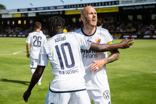 Djurgårdens Joel Asoro jublar med Magnus Eriksson efter 0-1