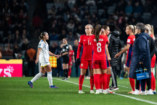 Sofia Harrison of Philippines leaves the pitch after receiving a red card