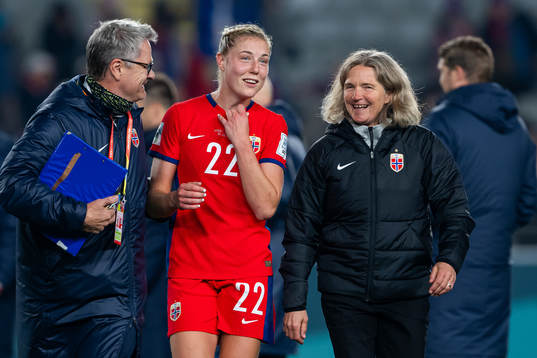 Press officer Halvor Lea, Sophie Román Haug and head coach Hege Riise of Norway