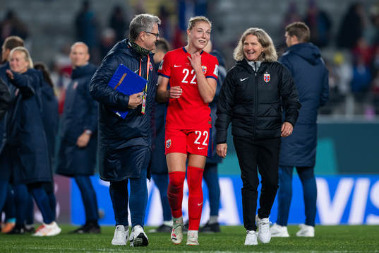 Press officer Halvor Lea, Sophie Román Haug and head coach Hege Riise of Norway
