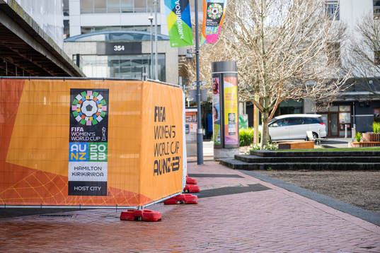 Barriers in Hamilton Square with the logo for the FIFA Women's World Cup