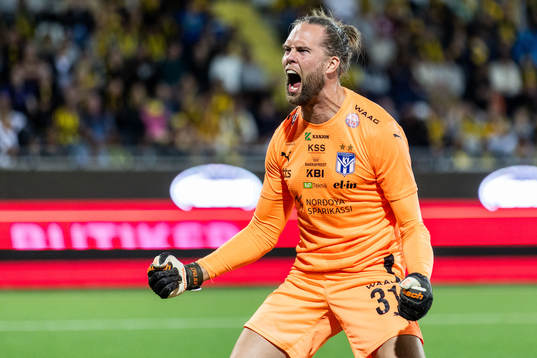 Goalkeeper Jonatan Johansson of Klaksvik celebrates