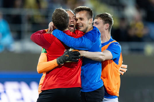 Goalkeeper Jonatan Johansson of Klaksvik celebrates with team mates