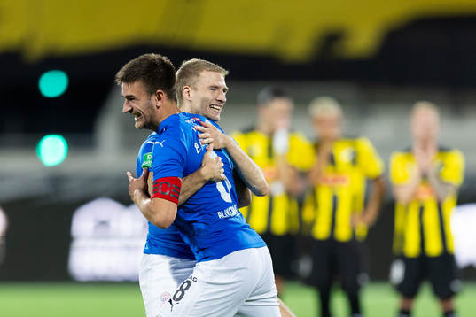 Joannes Danielsen and Jakup Andreasen of Klaksvik celebrates