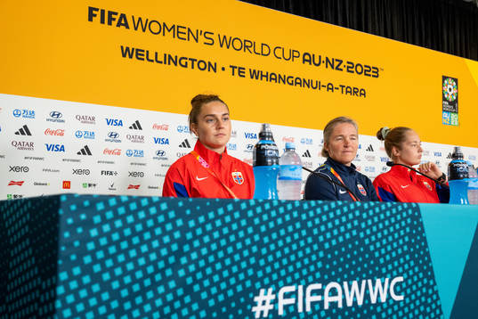 Vilde Bøe Risa, head coach Hege Riise and goalkeeper Aurora Mikalsen of Norway at a press conference