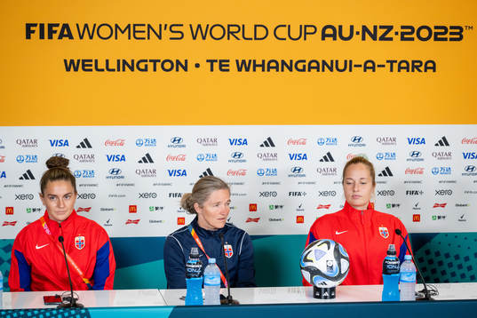 Vilde Bøe Risa, head coach Hege Riise and goalkeeper Aurora Mikalsen of Norway at a press conference