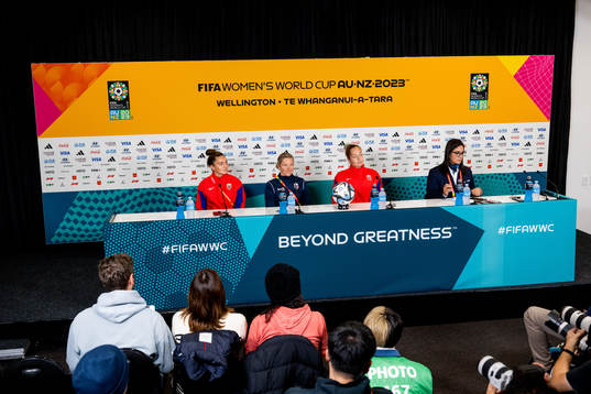 Vilde Bøe Risa, head coach Hege Riise and goalkeeper Aurora Mikalsen of Norway at a press conference