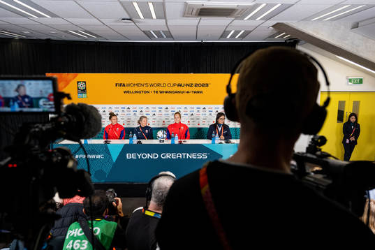 Vilde Bøe Risa, head coach Hege Riise and goalkeeper Aurora Mikalsen of Norway at a press conference