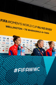 Vilde Bøe Risa, head coach Hege Riise and goalkeeper Aurora Mikalsen of Norway at a press conference
