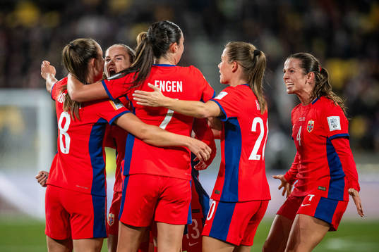 Guro Reiten of Norway celebrate with Vilde Bøe Risa, Ingrid Syrstad Engen, Emilie Bosshard Haavi and Tuva Hansen after 1-1