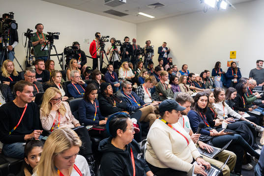 Journalists at a press conference with the women's national football team of USA
