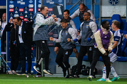 Erling Moe, head coach of Molde, celebrates at the final whistle