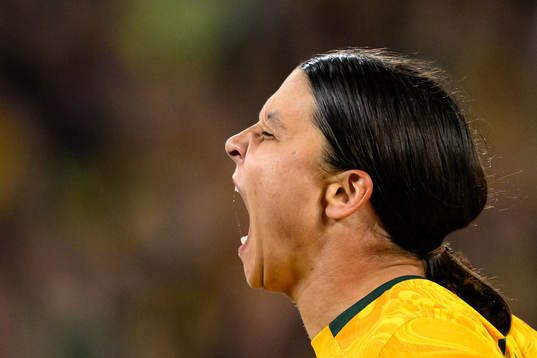 Sam Kerr of Australia celebrates after scoring 1-1